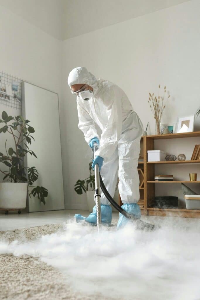Employee steam cleaning a rug