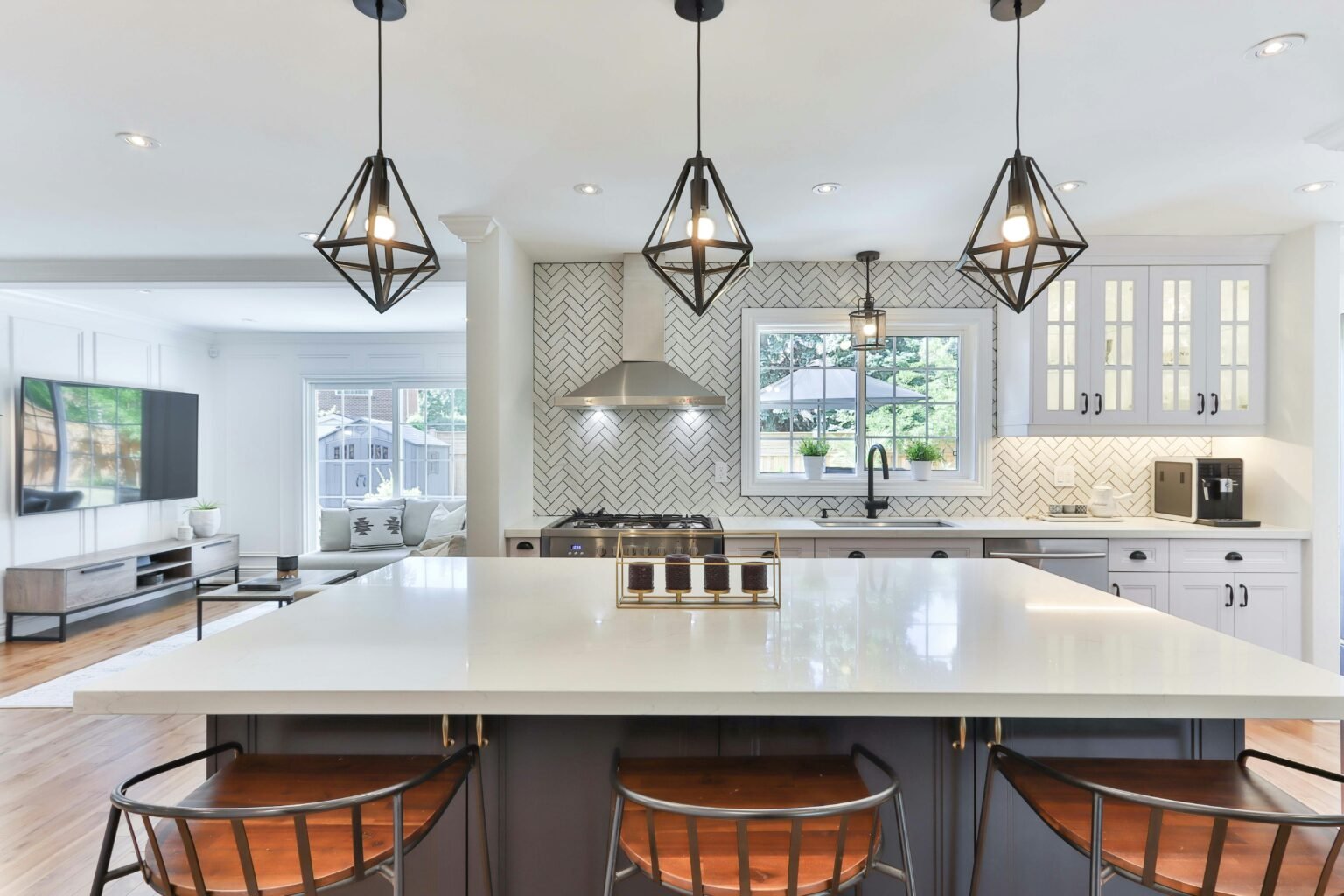 Kitchen with orange bar stools