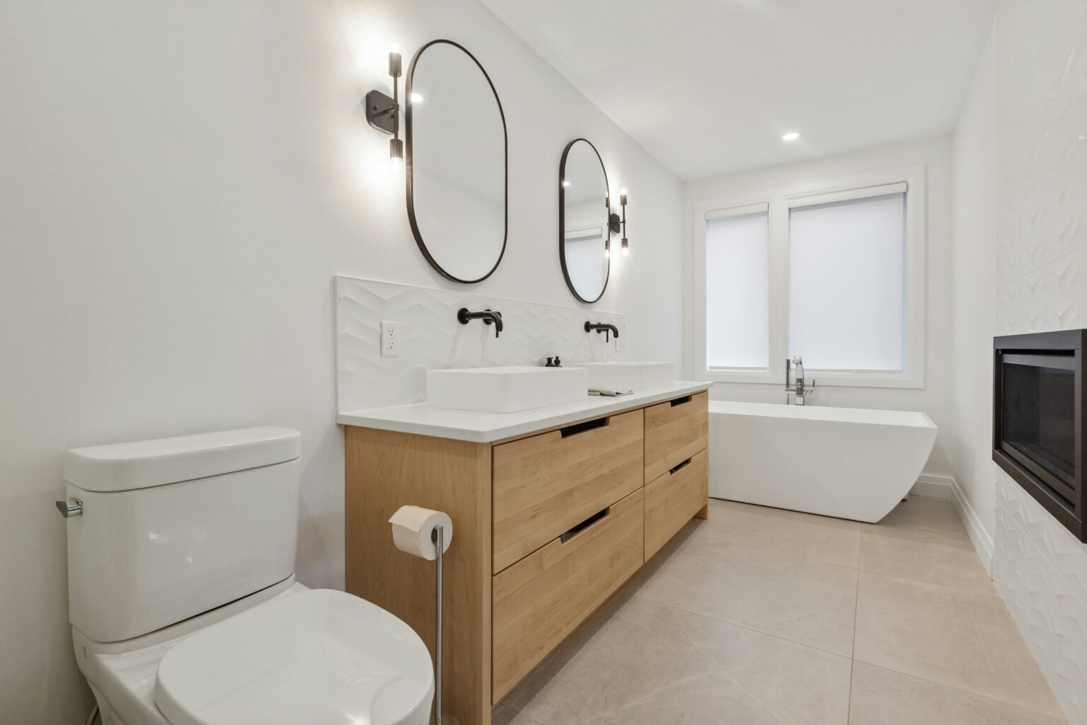 bathroom, pristine and clean, ready to be used by owners